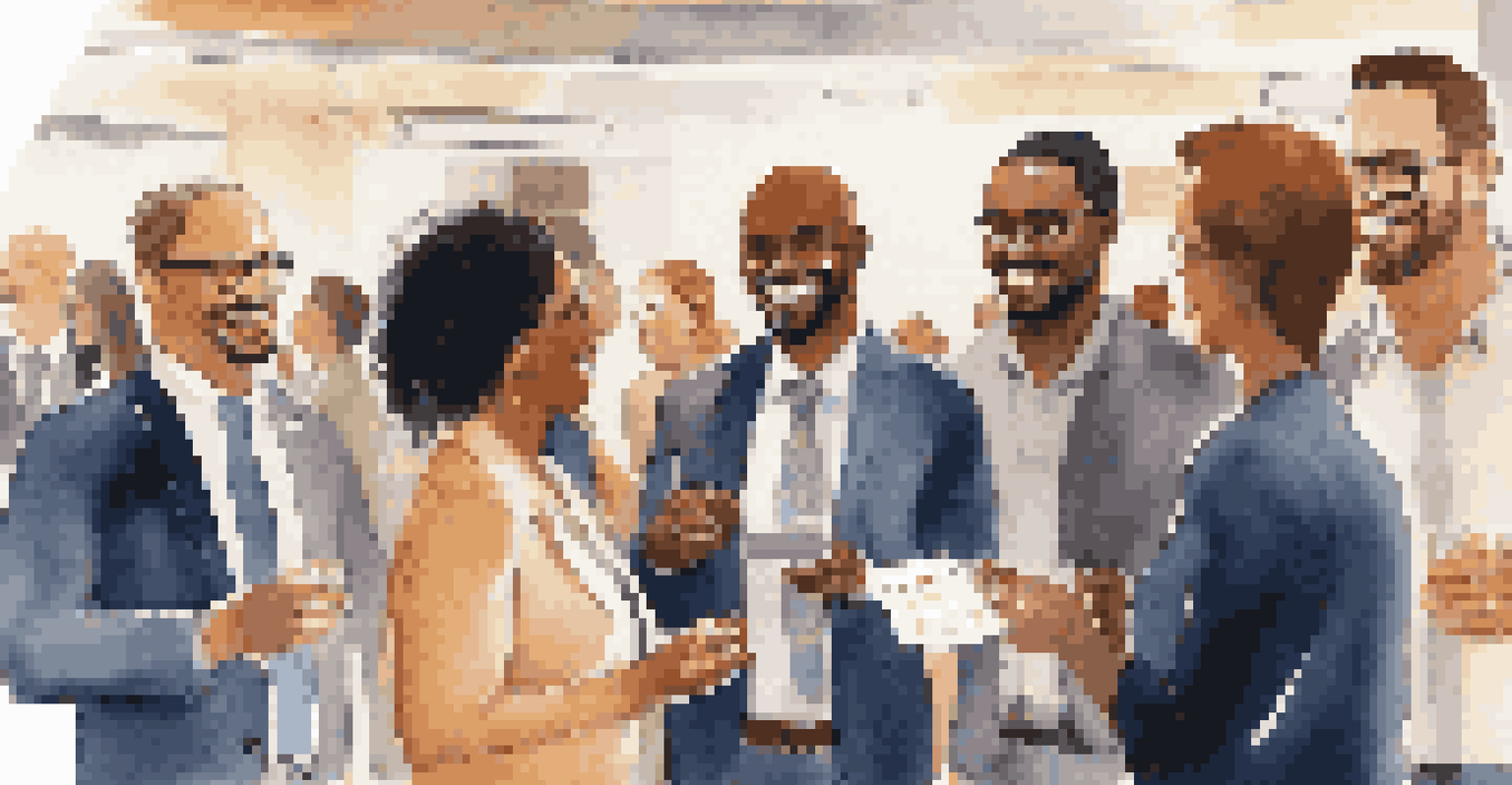 A diverse group of professionals networking at an event, exchanging business cards and smiles in a warm atmosphere.