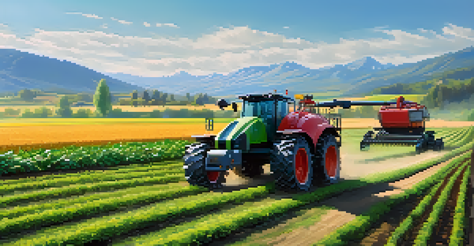 Advanced agricultural robots harvesting crops in a sunny outdoor field with farmers present.