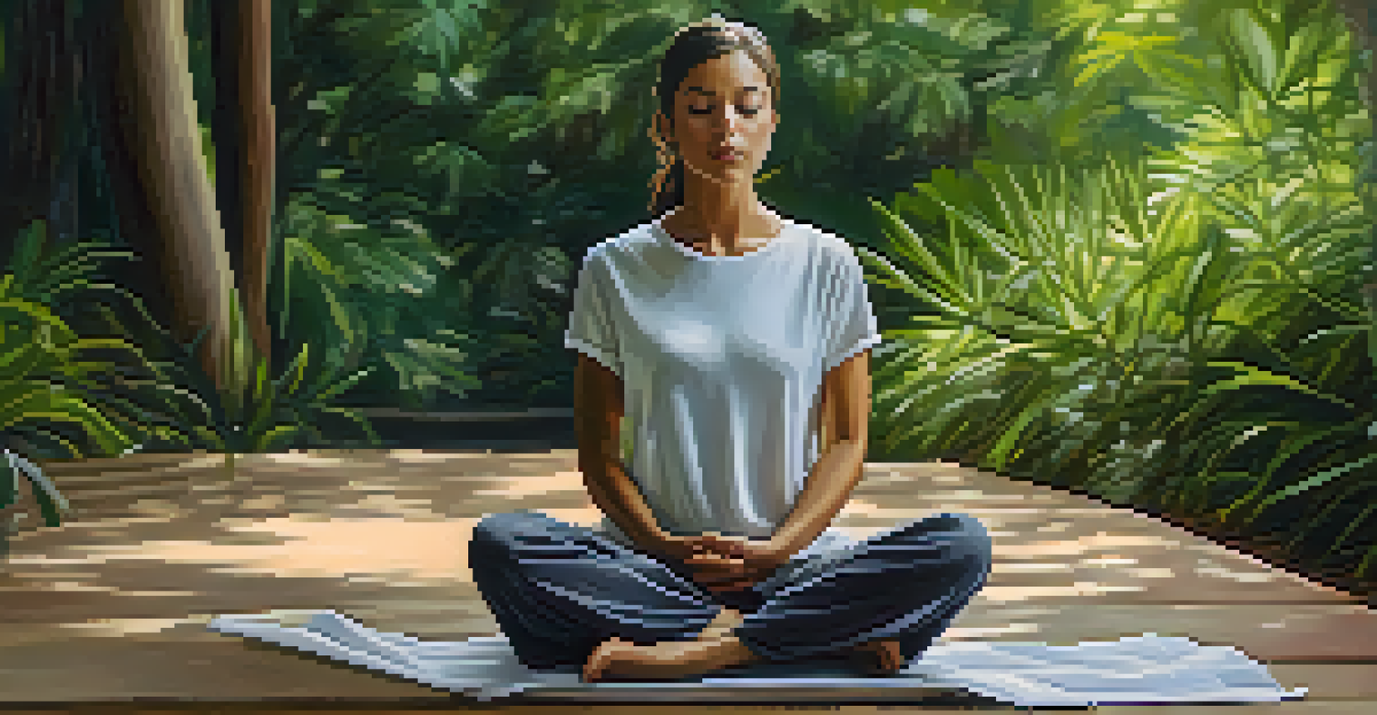 A person outdoors practicing deep breathing, surrounded by lush greenery, with a relaxed expression.