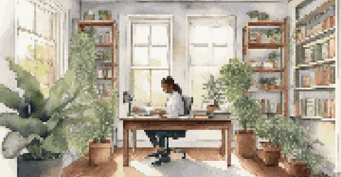 An office space with a person journaling at a desk, surrounded by plants and natural light.