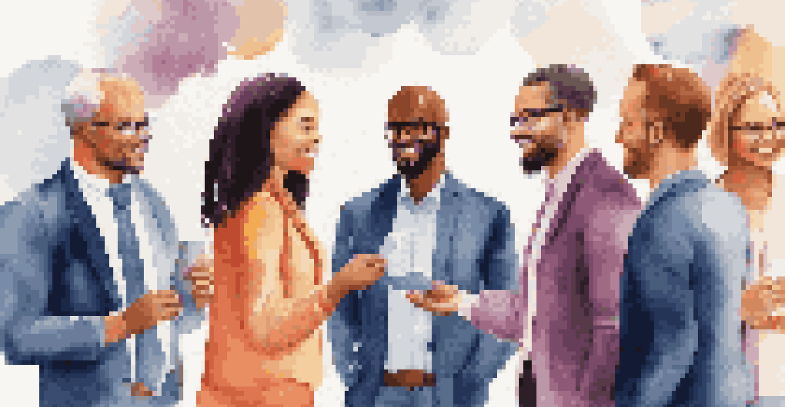 A diverse group of professionals networking at an event, exchanging ideas and business cards.