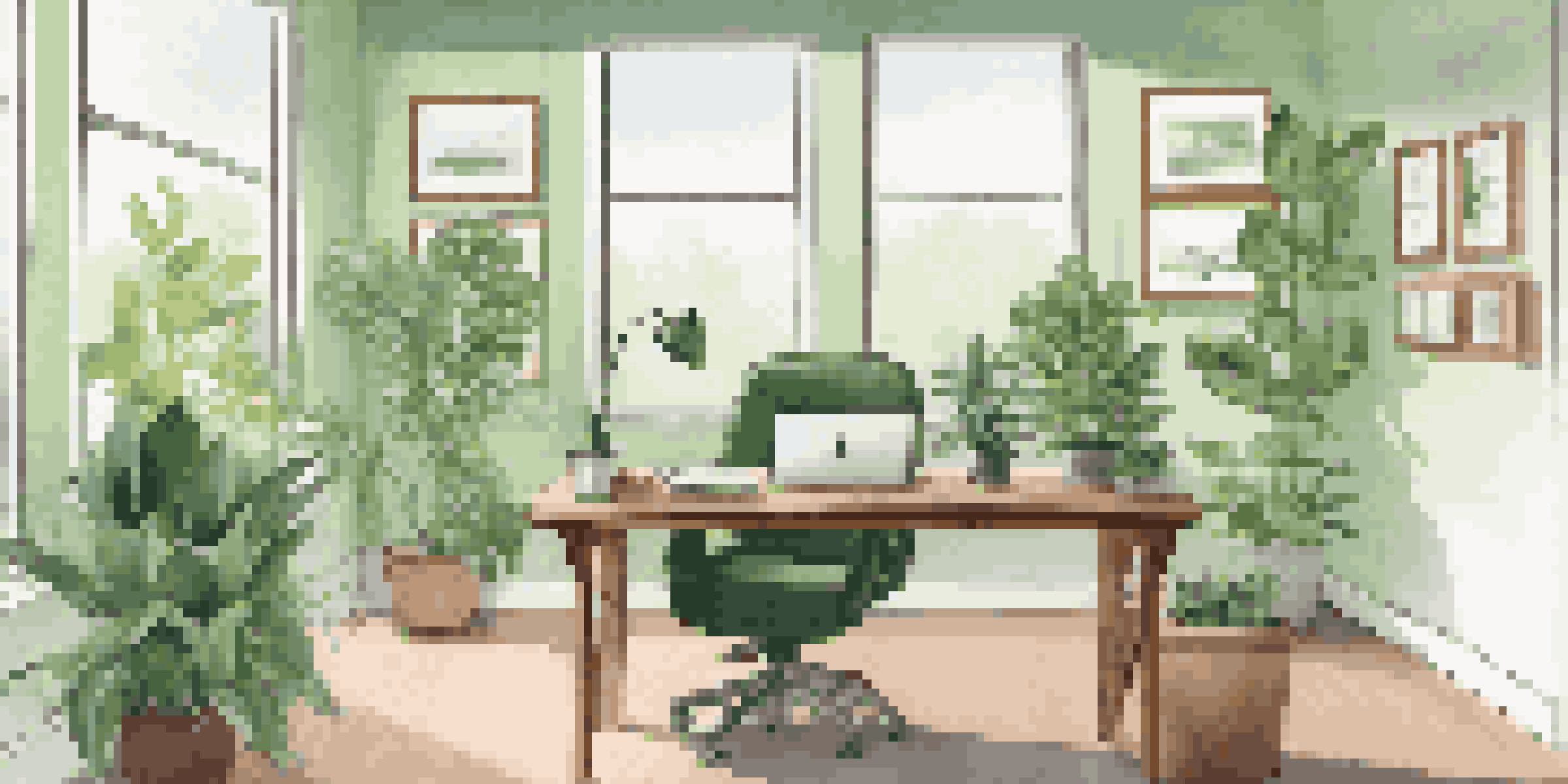 A modern office space filled with natural light, featuring a desk with a laptop and a framed printout of StrengthsFinder results on the wall.