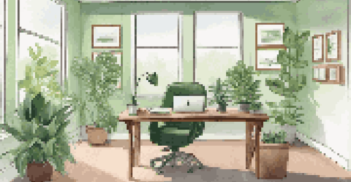 A modern office space filled with natural light, featuring a desk with a laptop and a framed printout of StrengthsFinder results on the wall.