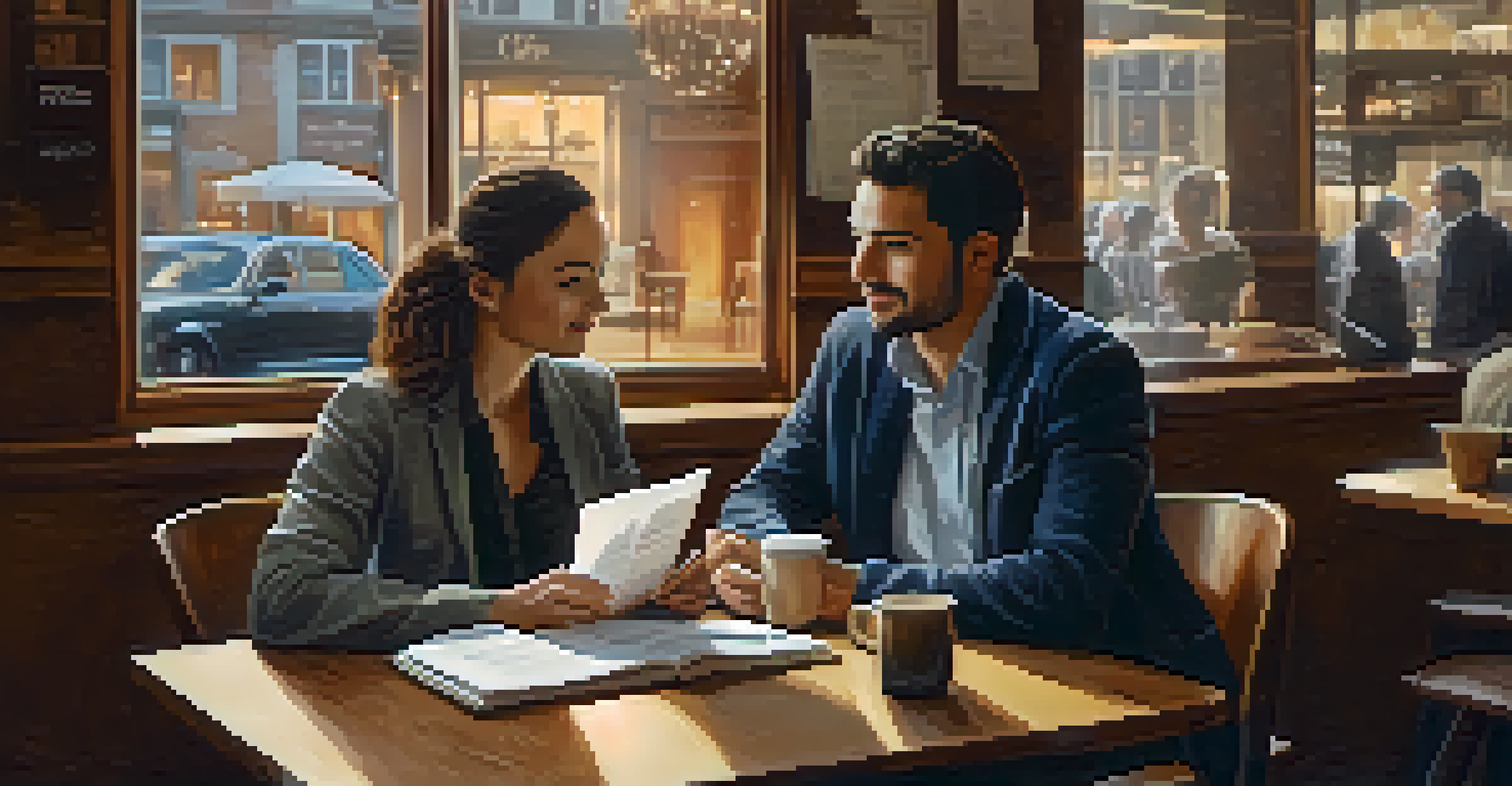 Two professionals discussing over coffee in a cozy café, with notes and a laptop on the table.