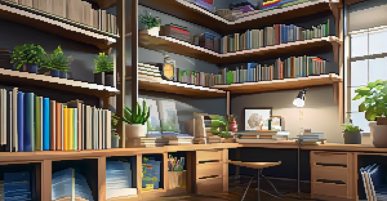 A well-organized resource hub with books and educational tools in a cozy study space, encouraging independent learning.