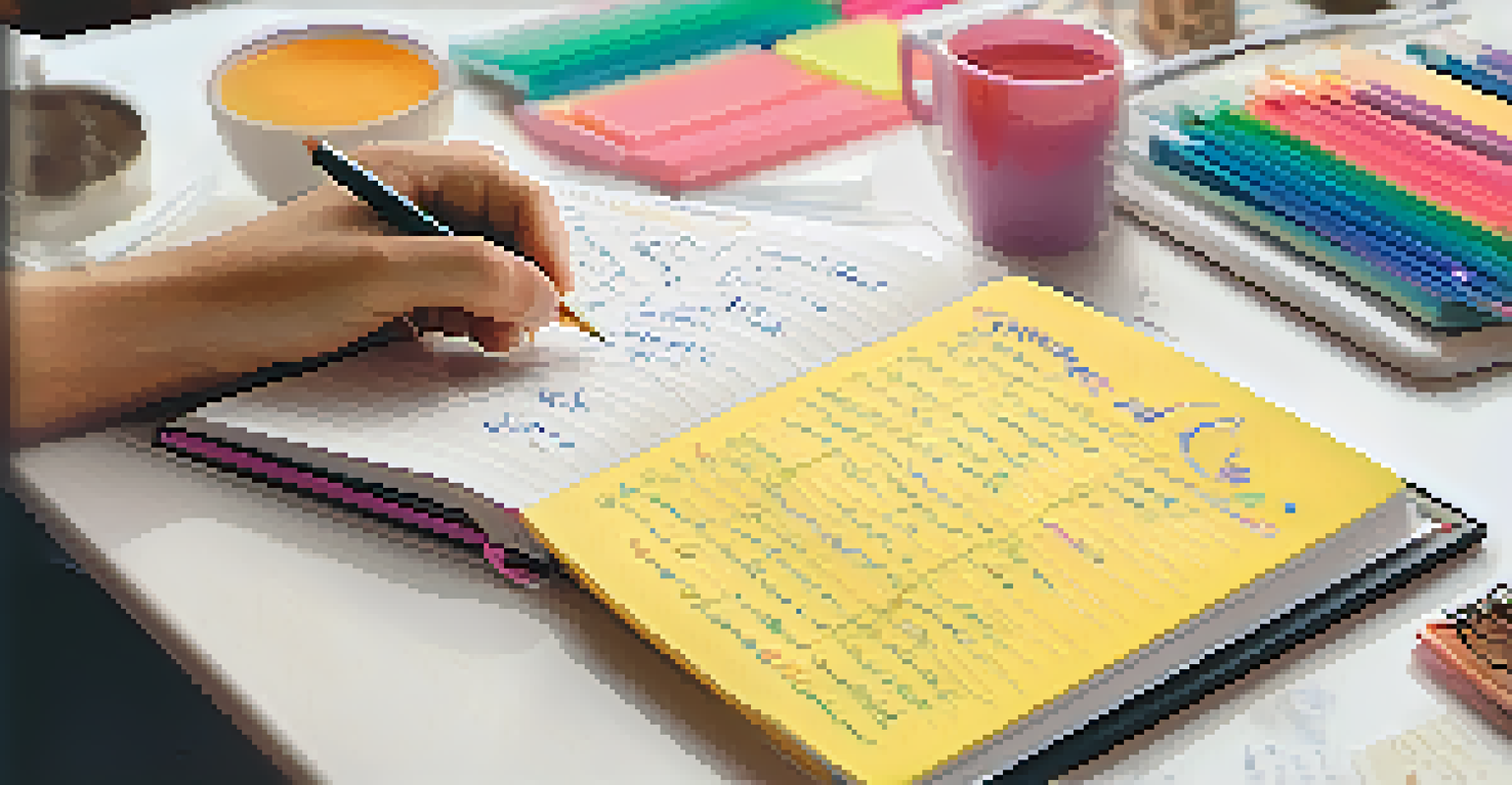 A hand writing in a planner with colorful sticky notes, alongside a framed motivational quote in the background.