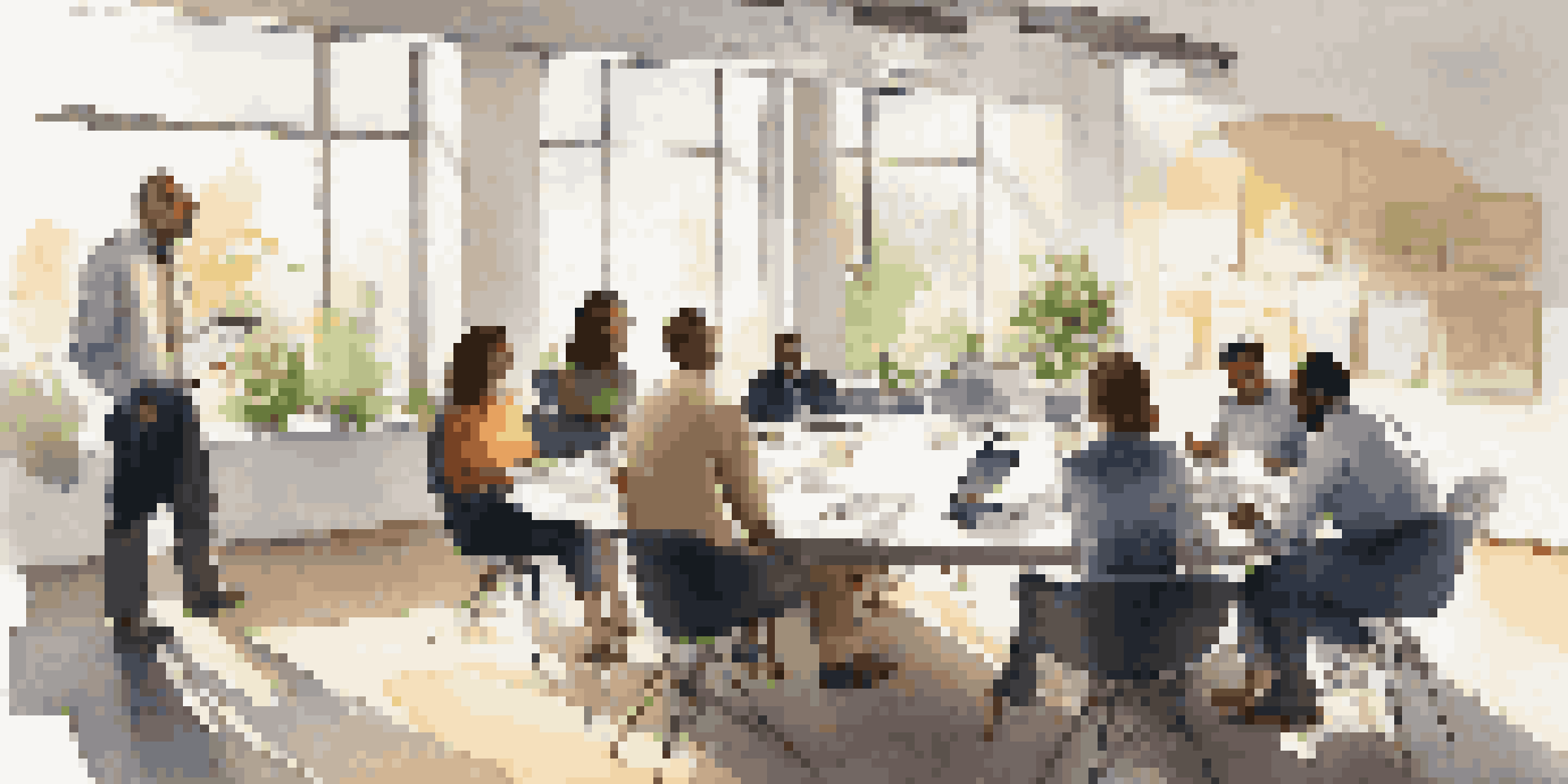 A diverse group of professionals in a bright office meeting, collaborating around a round table with laptops and notebooks.