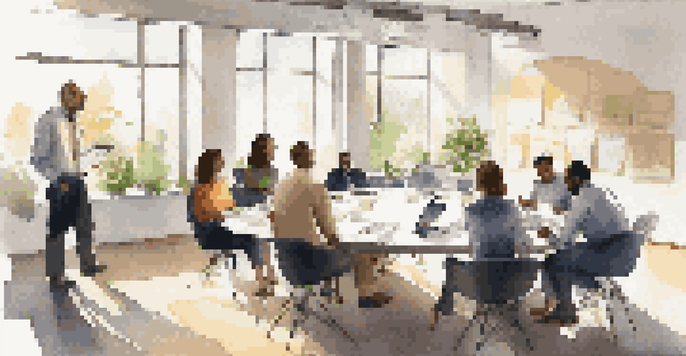 A diverse group of professionals in a bright office meeting, collaborating around a round table with laptops and notebooks.