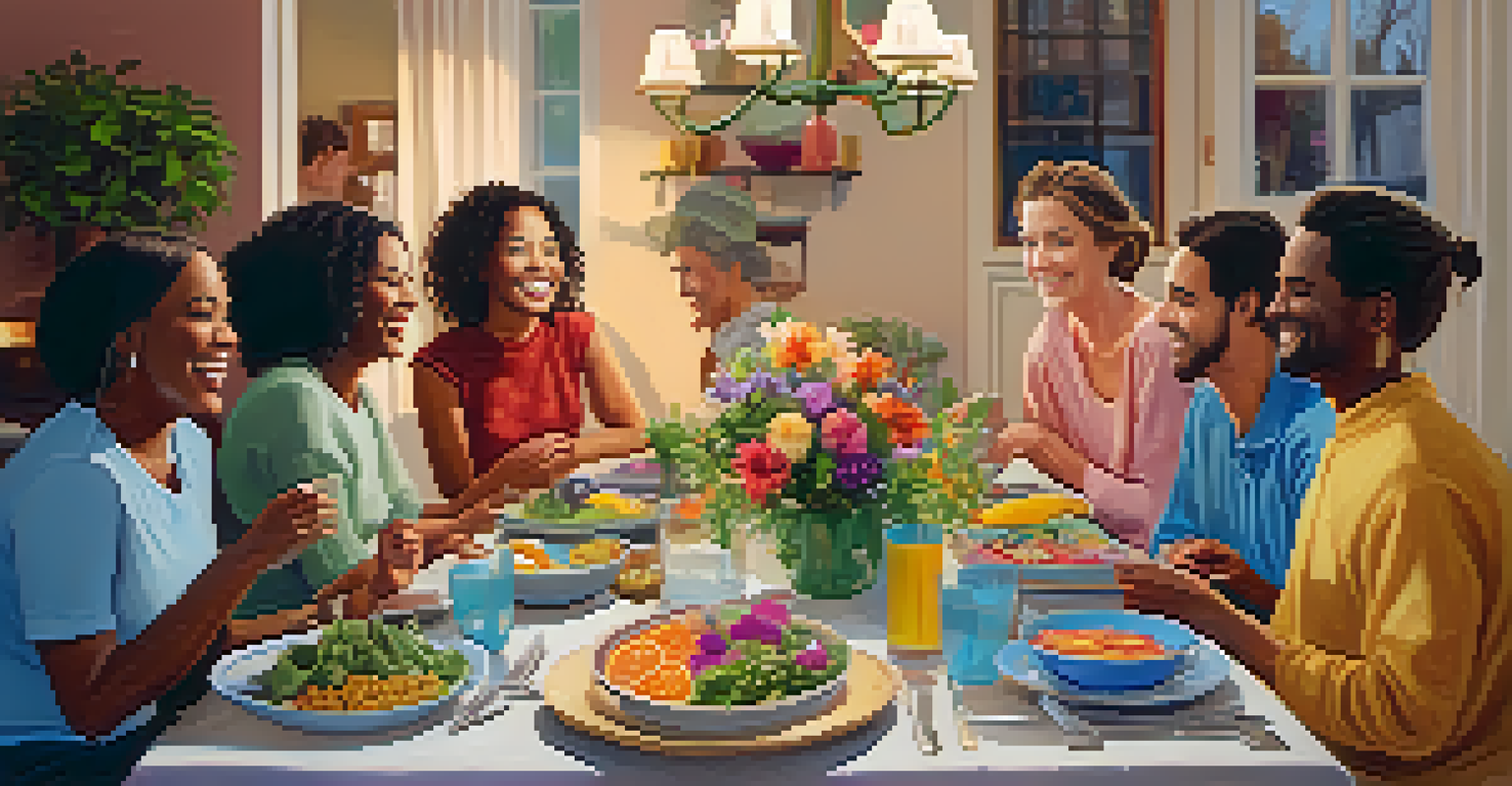 A group of friends enjoying a meal together at a table filled with colorful dishes and flowers.