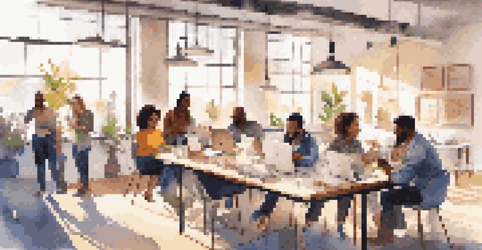 A diverse group of freelancers collaborating in a bright co-working space, showcasing teamwork and creativity.