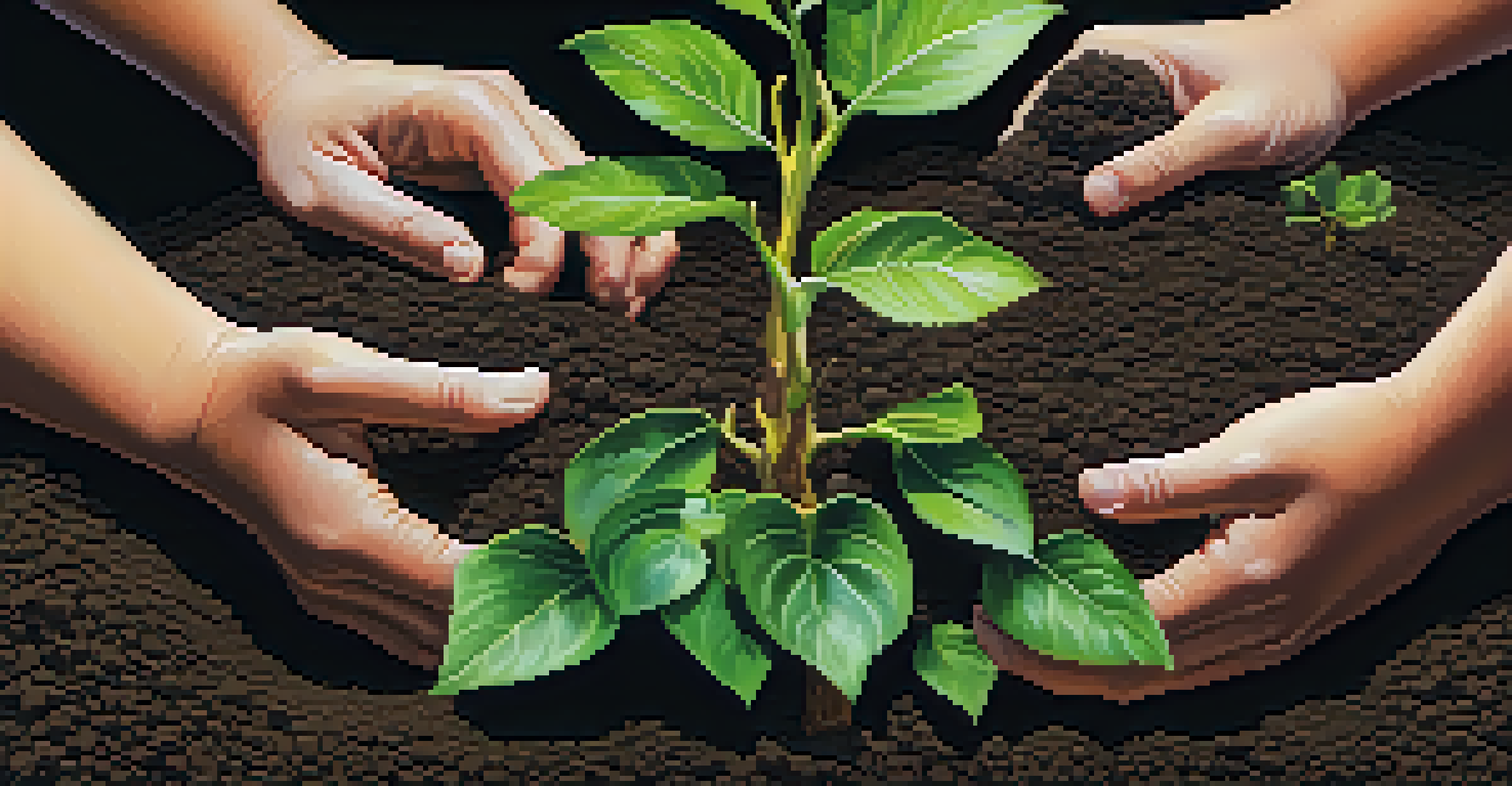 Close-up of diverse hands planting a small tree in dark soil, symbolizing growth and sustainability.
