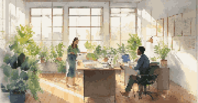 A person sitting at a desk in a modern office, receiving feedback from a colleague, with sunlight streaming through the windows.