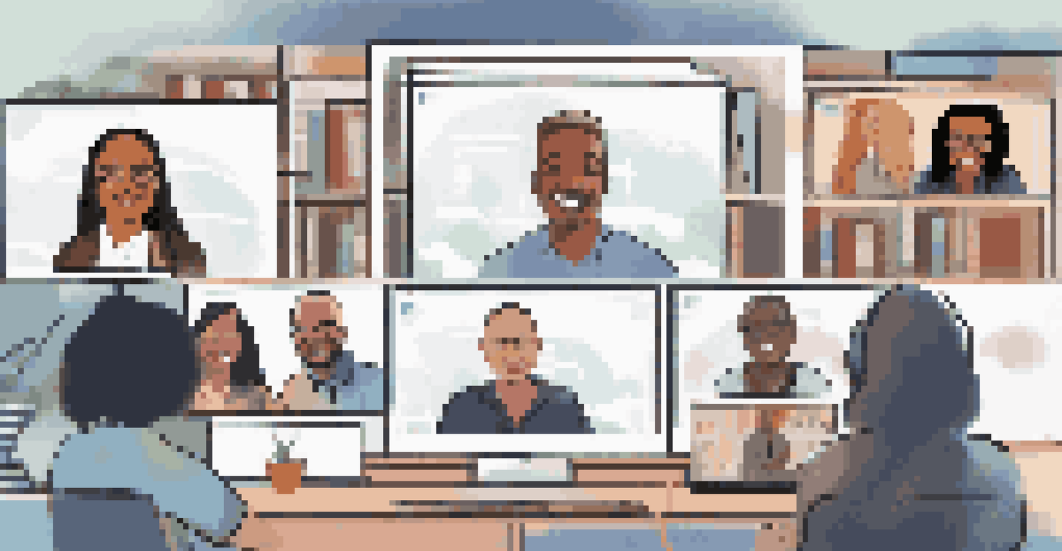 A split-screen video call showing a mentor and mentee smiling during a virtual mentorship session, with shelves of books and motivational posters in the background.