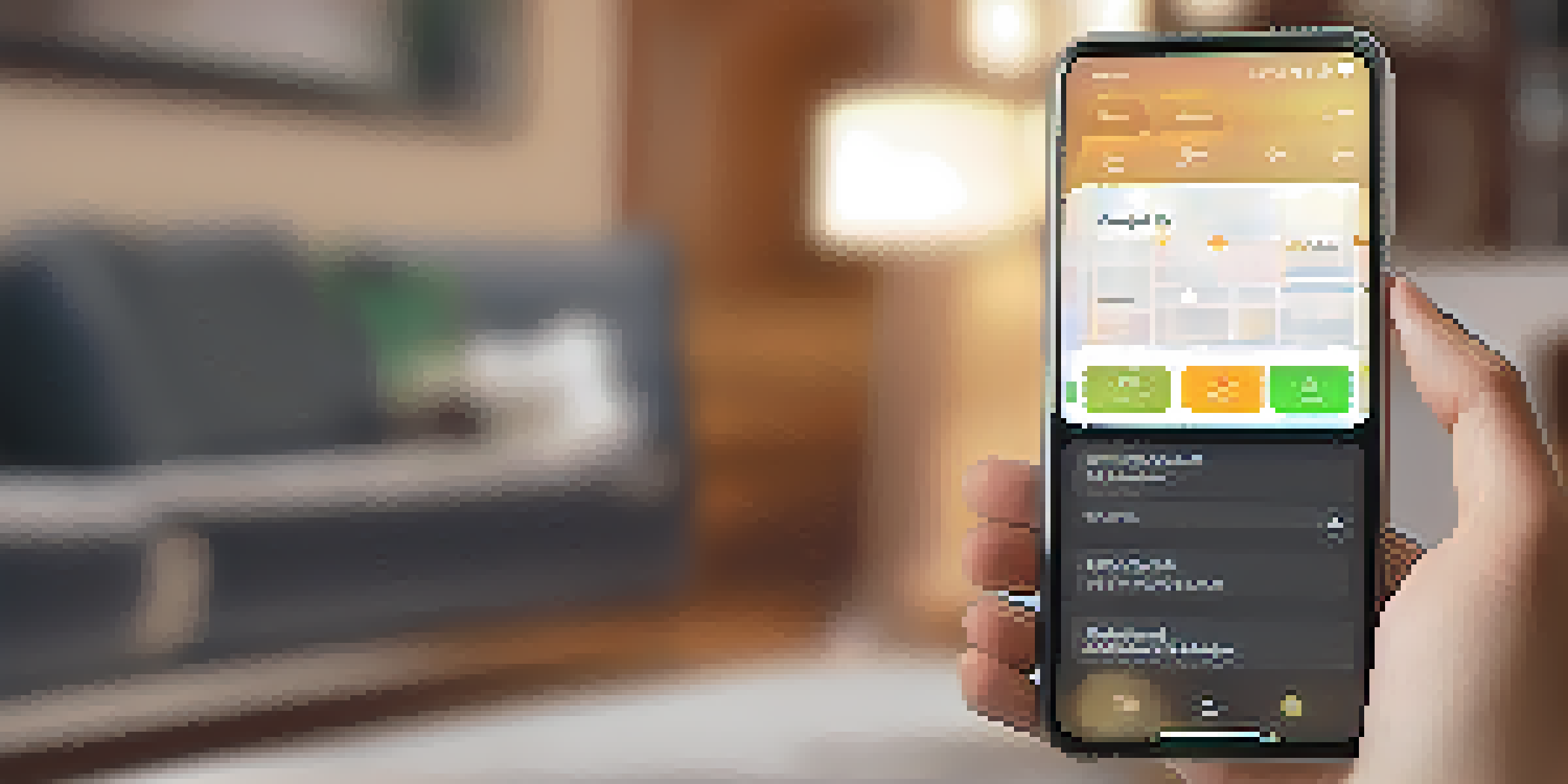 A smartphone showing a task management app, set in a cozy living room with warm lighting.