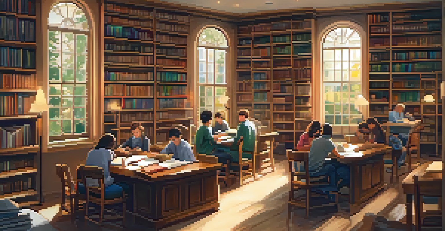 Students studying in a cozy library with wooden desks, shelves of books, and warm lighting.