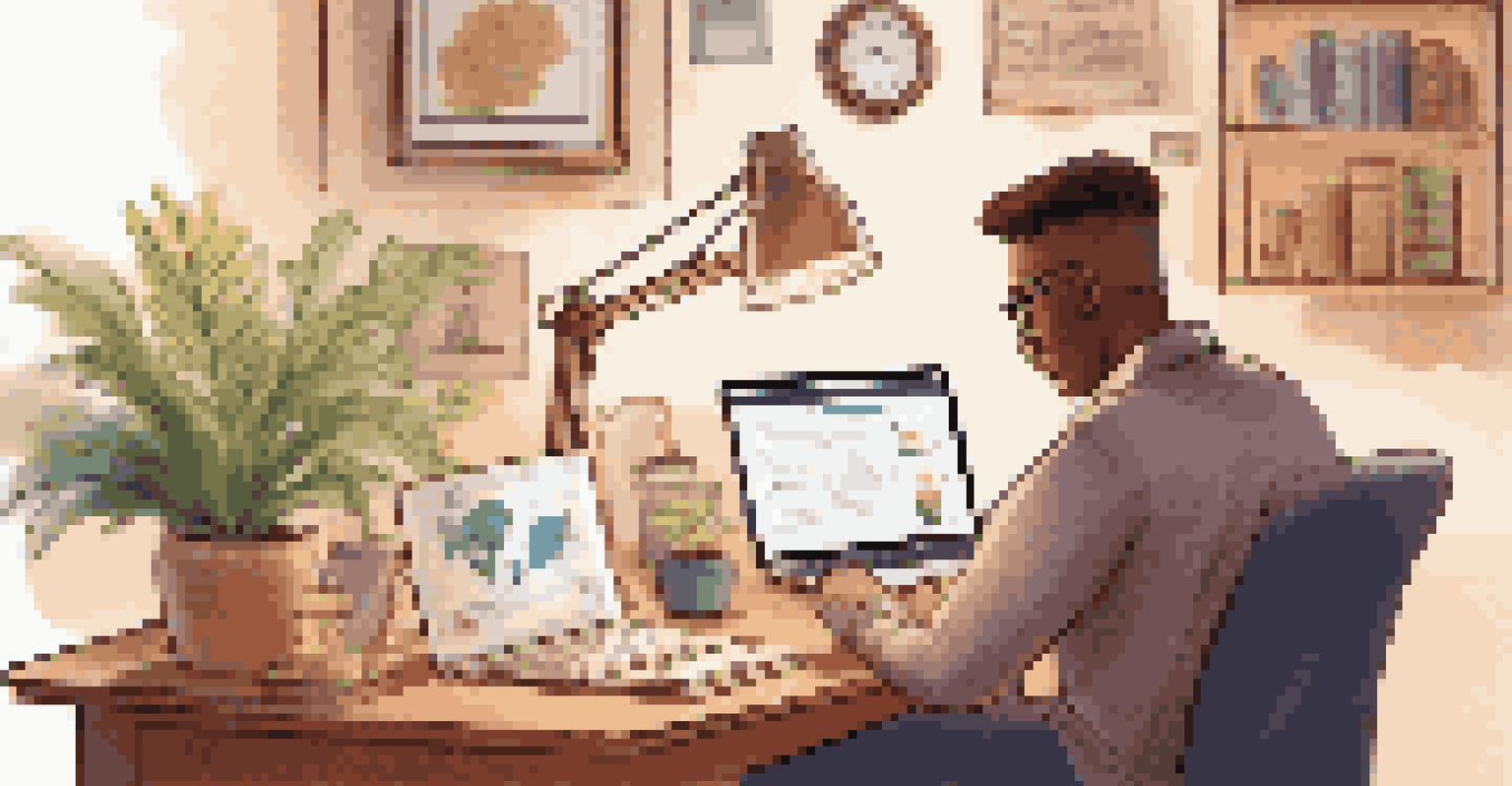 An employee engaged in online learning at a cozy desk, surrounded by books and a small plant, with certificates displayed on the wall.