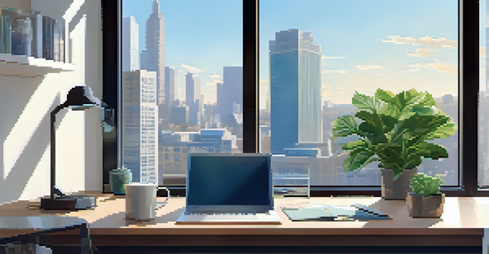 A bright and organized office workspace with a laptop, a potted plant, and a cup of coffee, overlooking a vibrant cityscape.