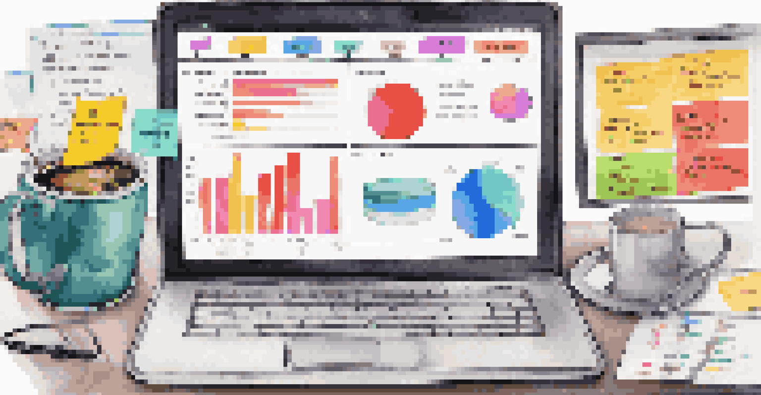 A close-up view of a marketing strategy board with colorful sticky notes, charts, and a laptop showing analytics data.