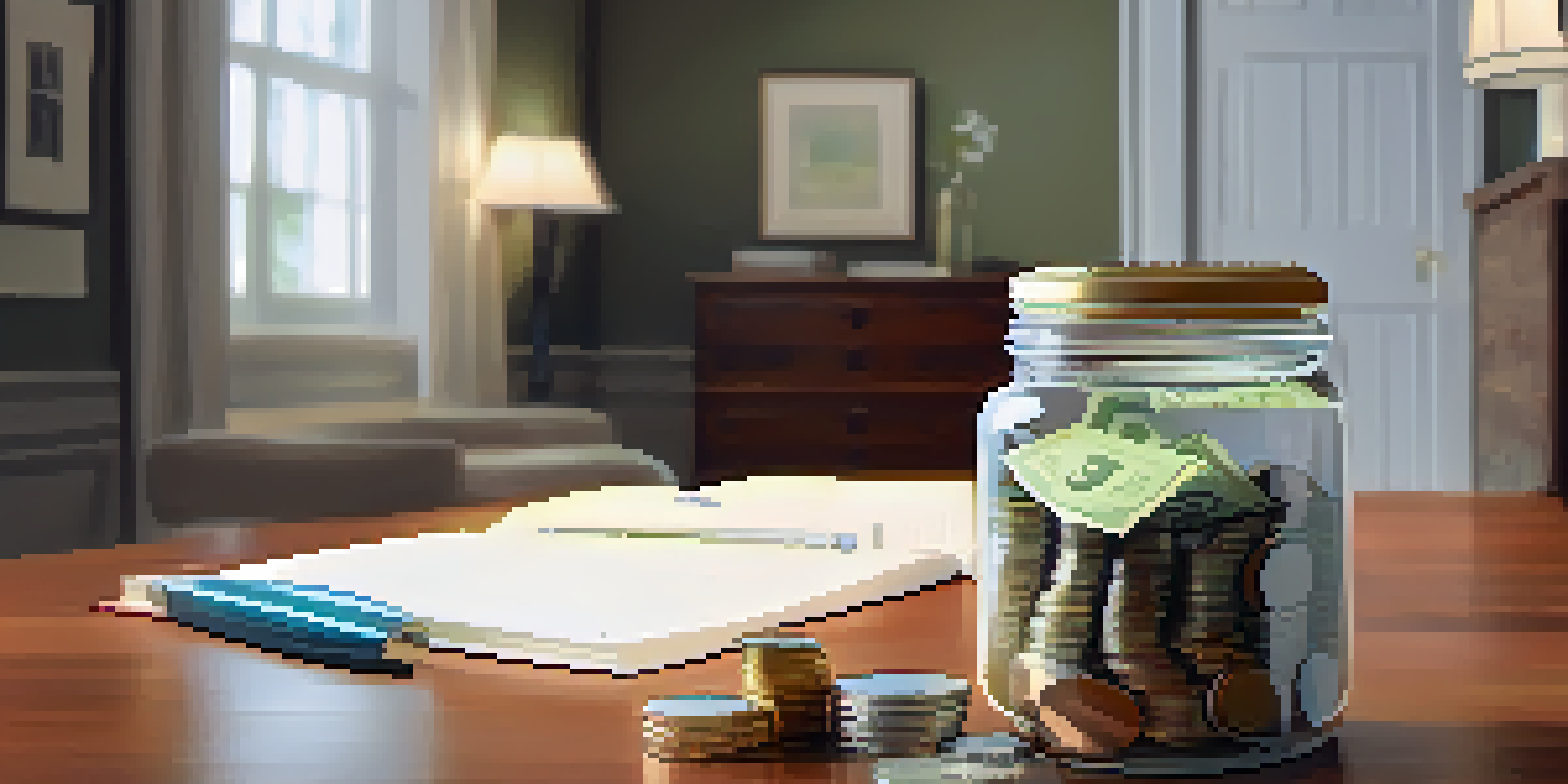 A cozy home interior featuring a jar filled with cash and coins representing an emergency fund, accompanied by a notepad showing a savings goal, all under soft ambient lighting.