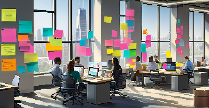 A bright and modern office with diverse professionals working together, surrounded by sticky notes and digital devices.
