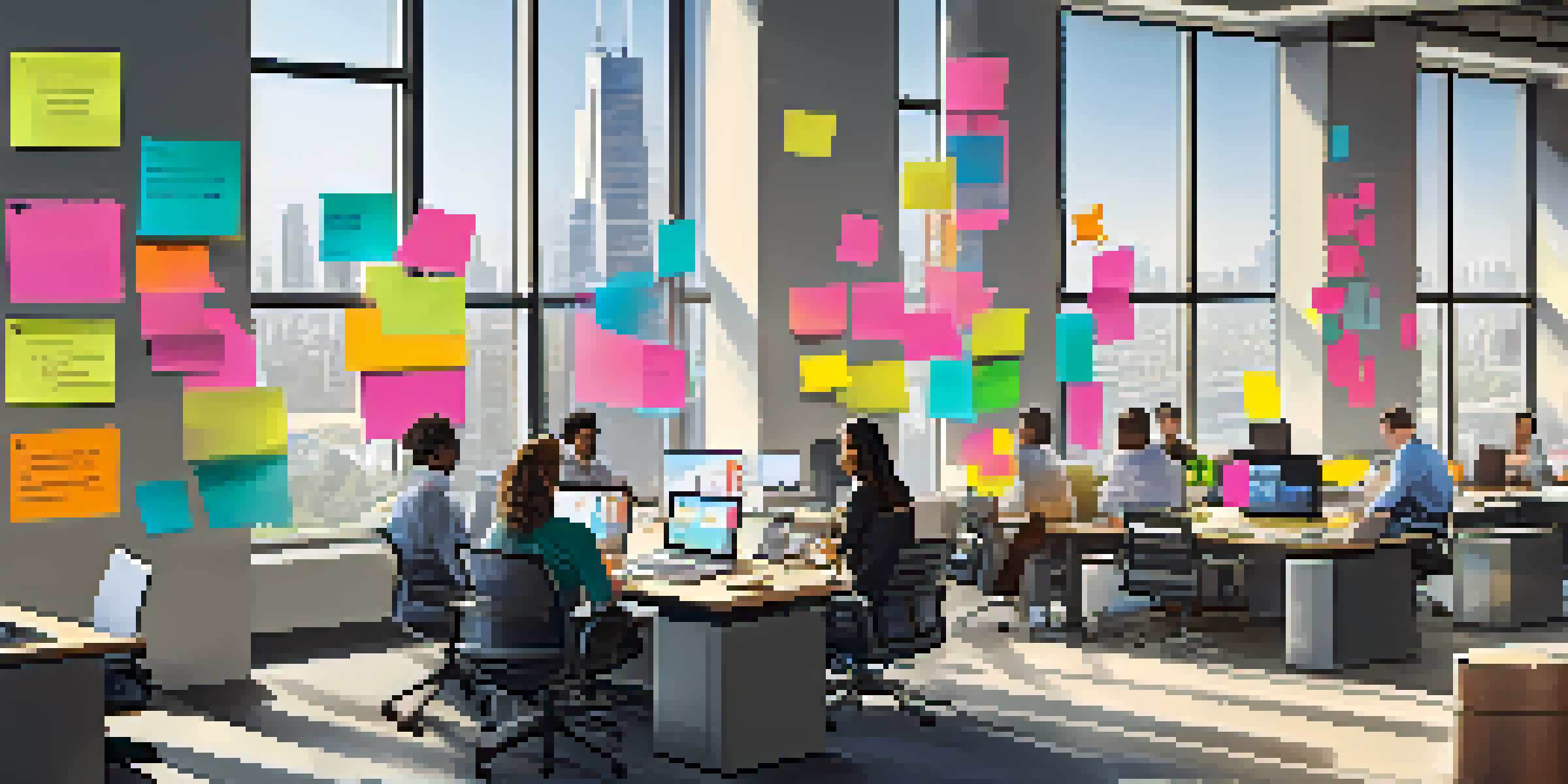 A bright and modern office with diverse professionals working together, surrounded by sticky notes and digital devices.