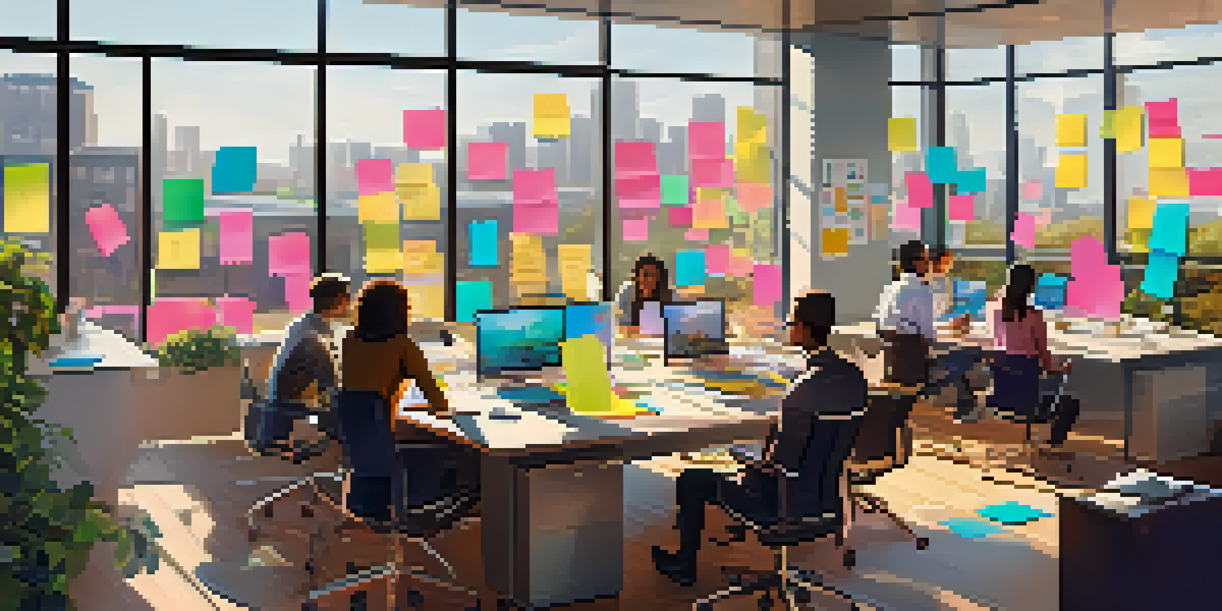 A bright and modern office with diverse employees brainstorming around a table, surrounded by colorful sticky notes and digital devices.