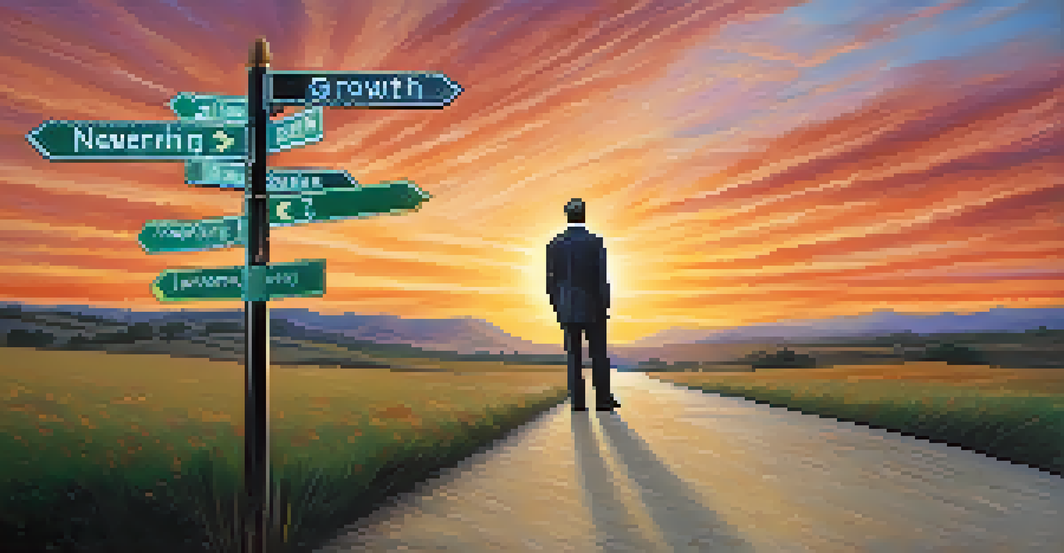 A person at a crossroad contemplating career options with directional signs in a sunset background.