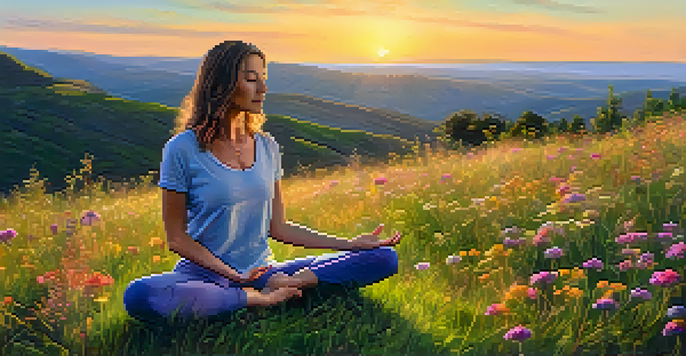 A person practicing yoga on a grassy hill with wildflowers and a sunset in the background.