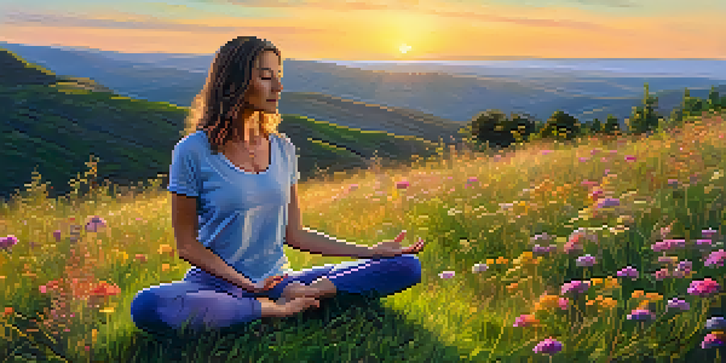 A person practicing yoga on a grassy hill with wildflowers and a sunset in the background.