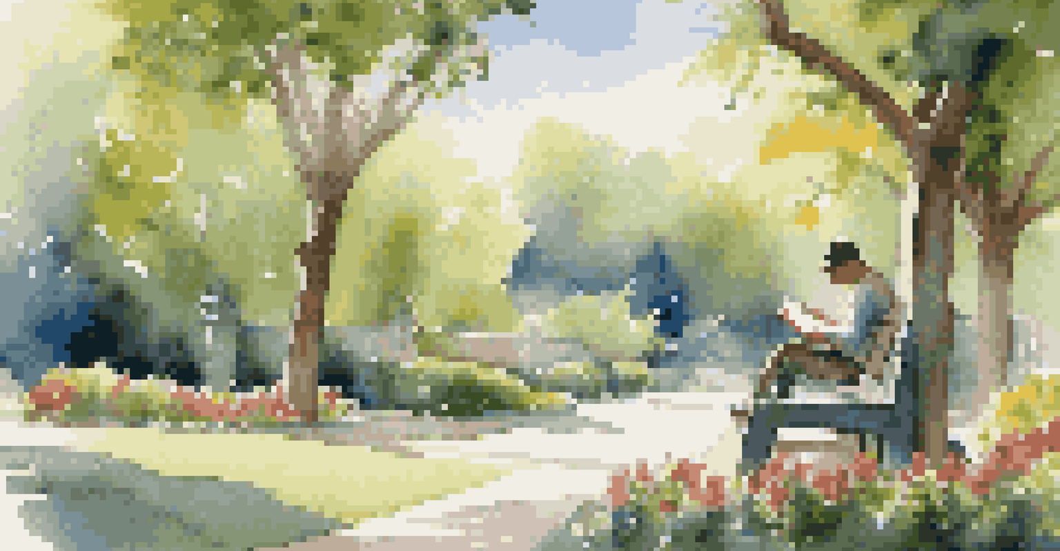 A person reading a book about problem solving on a park bench surrounded by greenery and flowers, under a clear blue sky.