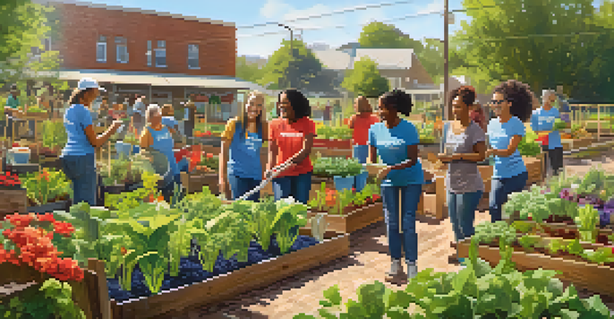 A group of diverse volunteers planting flowers and vegetables in a community garden, showcasing teamwork and joy.