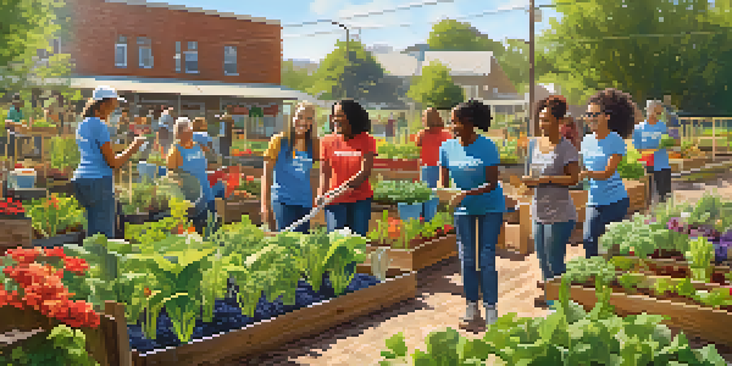 A group of diverse volunteers planting flowers and vegetables in a community garden, showcasing teamwork and joy.