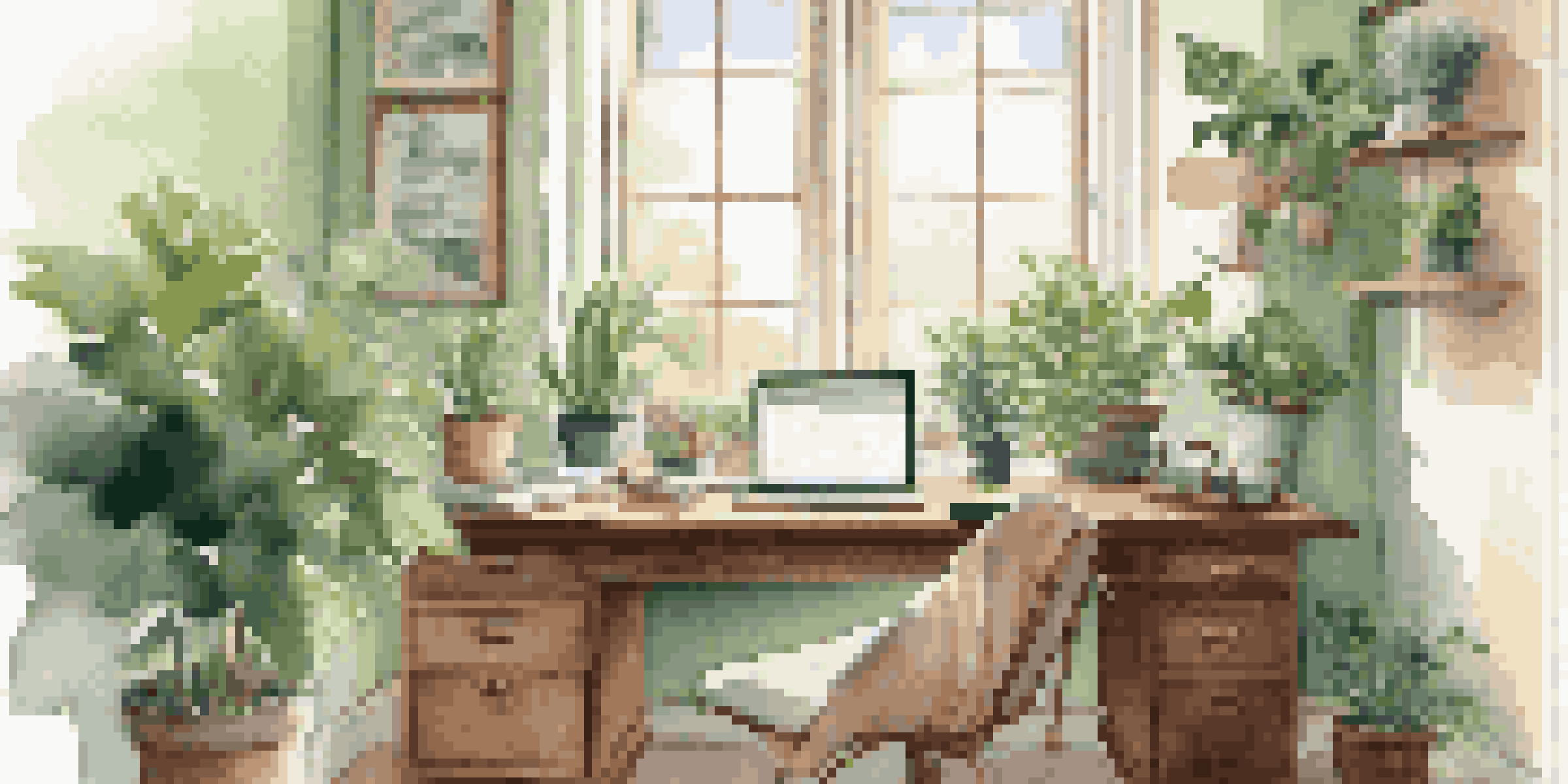 A peaceful home office with a wooden desk, a laptop, a cup of tea, and plants, illuminated by soft morning light.