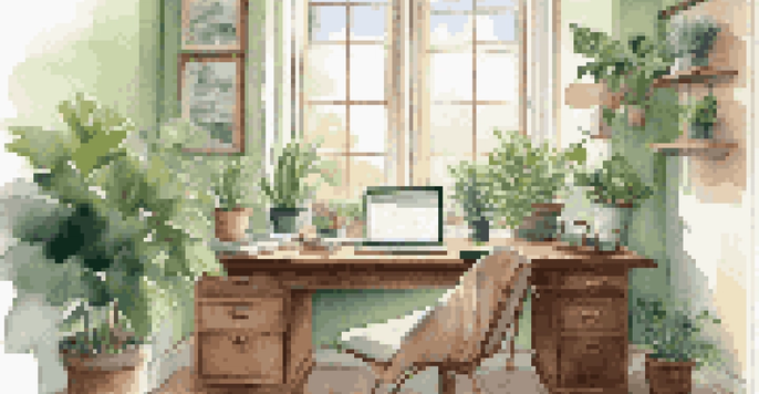 A peaceful home office with a wooden desk, a laptop, a cup of tea, and plants, illuminated by soft morning light.