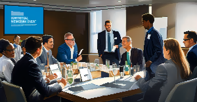 A networking event with people discussing and exchanging business cards in a modern conference room.