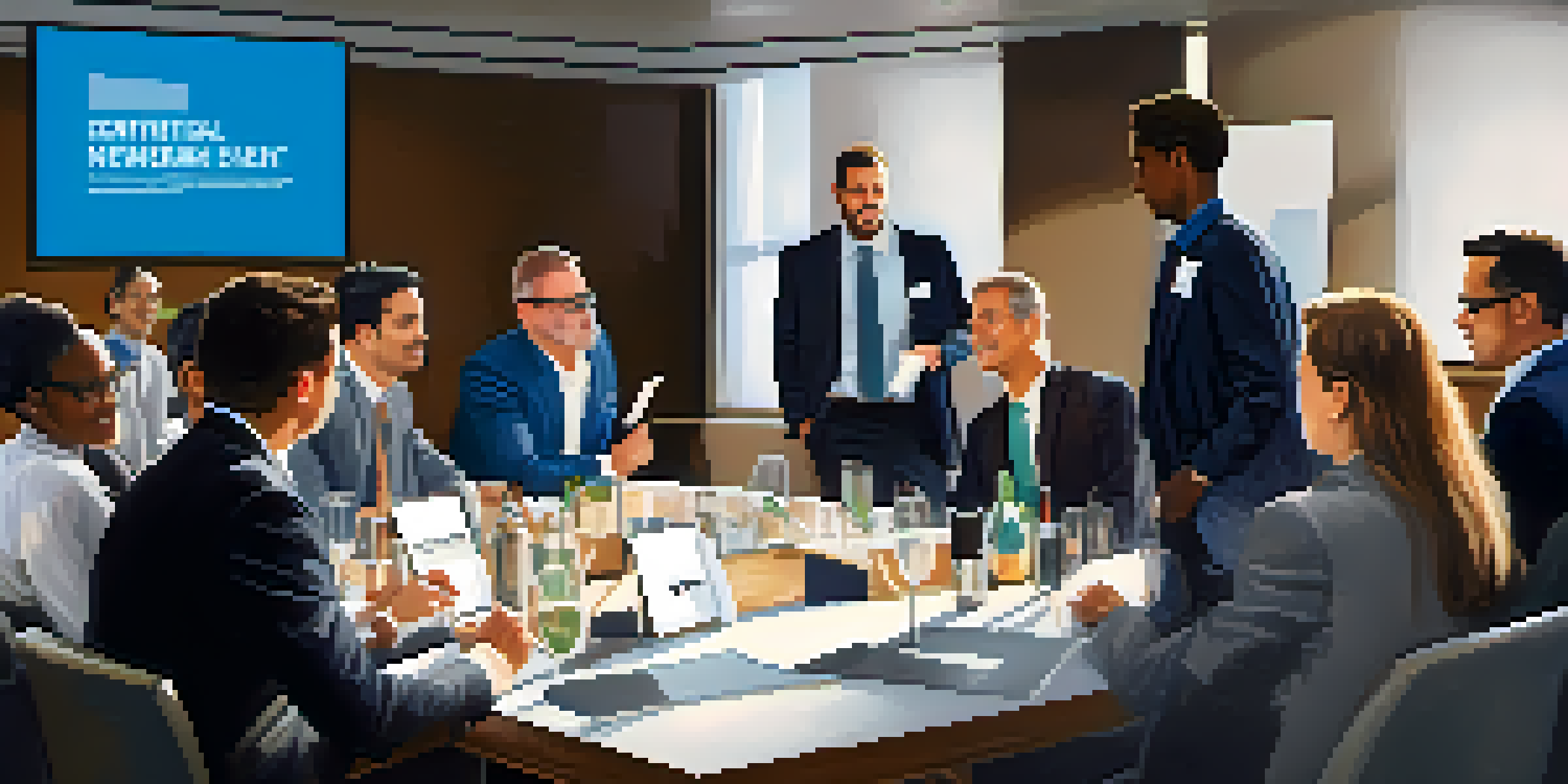 A networking event with people discussing and exchanging business cards in a modern conference room.