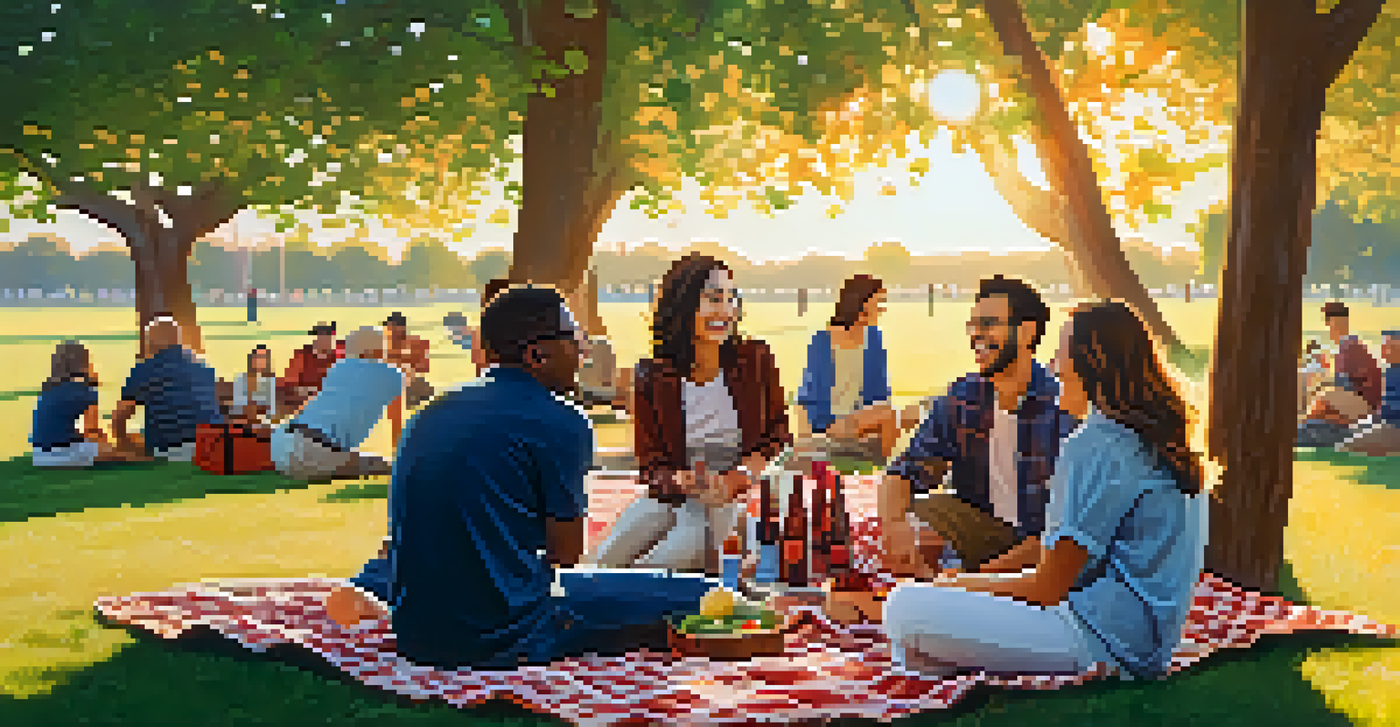 A casual alumni meetup in a park with individuals laughing and sharing experiences on a sunny day.
