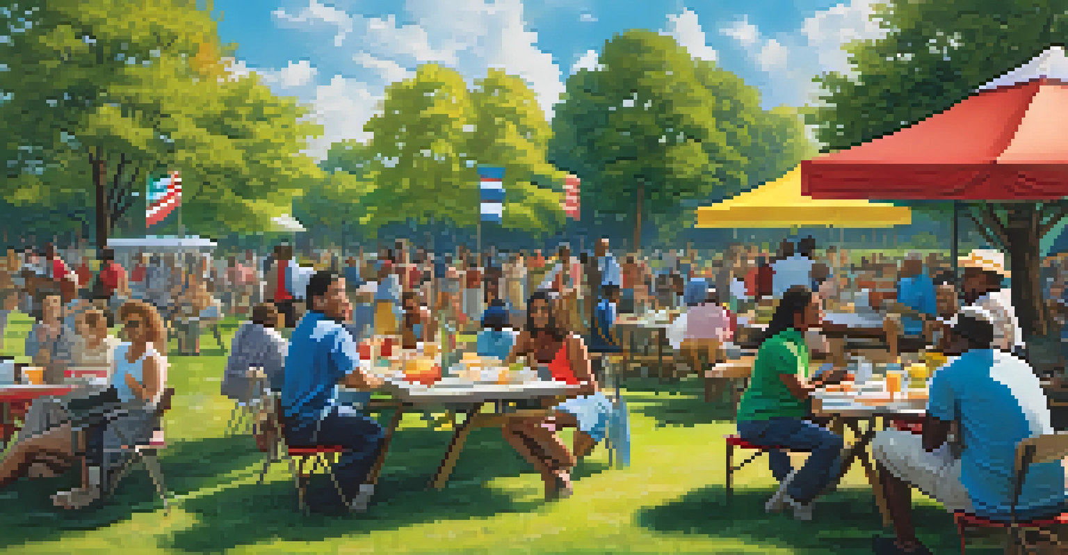 A lively community gathering in a park with diverse people interacting and colorful banners.