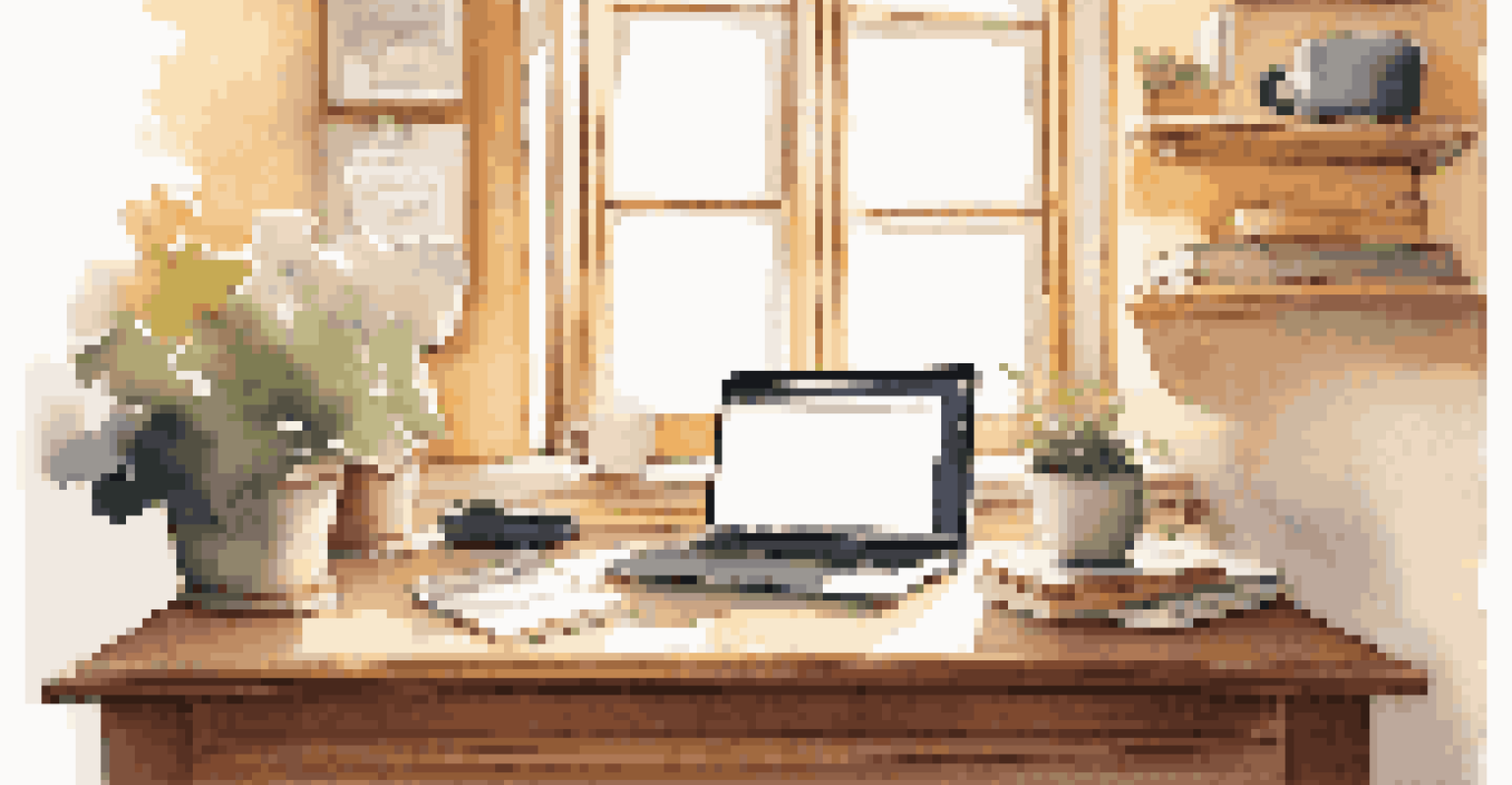 A cozy workspace with a laptop and coffee, sunlight streaming through a window, and an inspiring quote in the background.