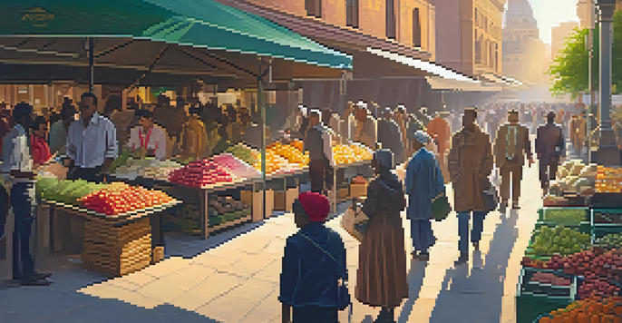 A lively city market with diverse entrepreneurs interacting with customers under warm golden sunlight, surrounded by colorful stalls of fresh produce.