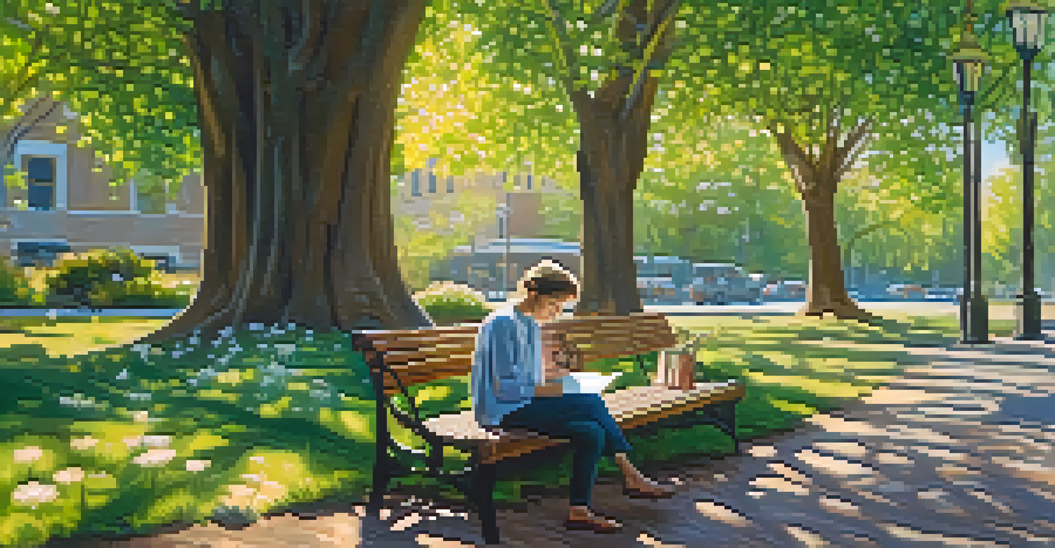A peaceful outdoor scene with a person reading a book and using a laptop on a bench, surrounded by nature, showcasing a harmonious balance between work and relaxation.