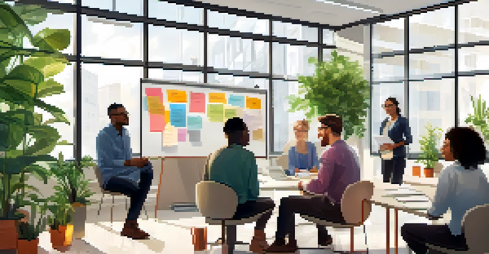 A diverse team in a bright office discussing collaboratively, with smiles and active listening.