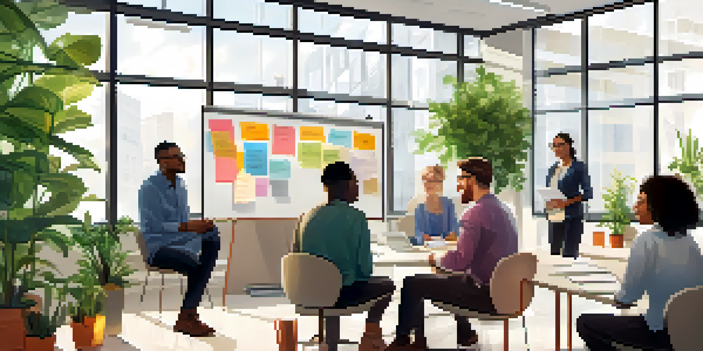 A diverse team in a bright office discussing collaboratively, with smiles and active listening.