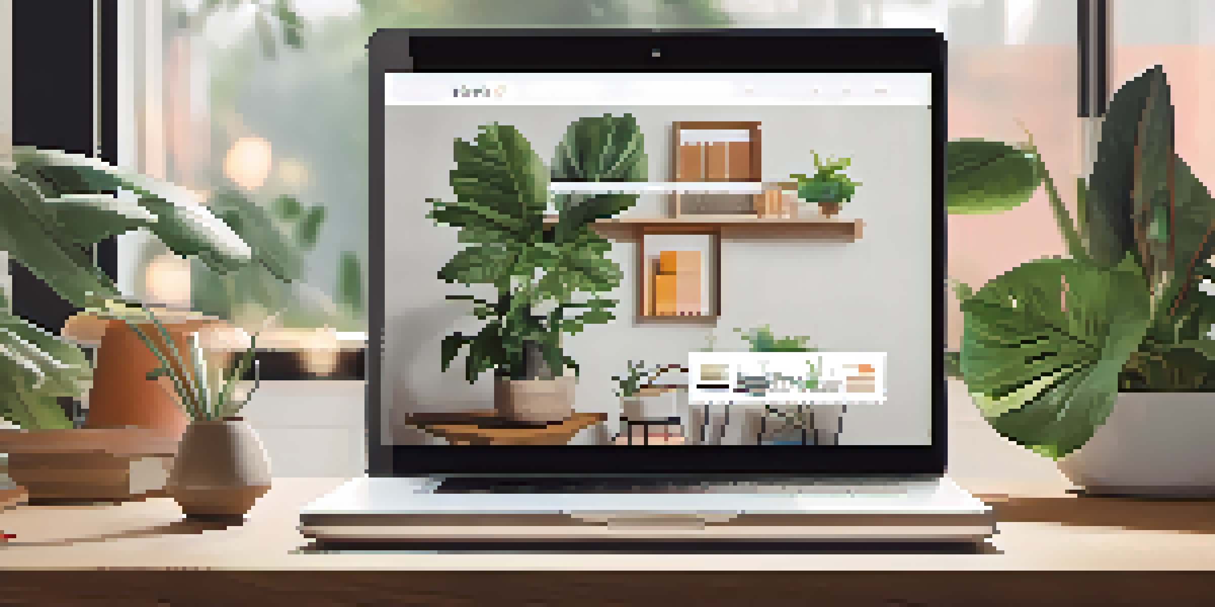 A laptop showing a digital portfolio with colorful sections in a cozy workspace.