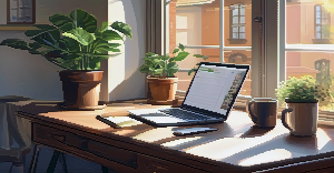 A peaceful workspace with a wooden desk, laptop, notepad, cup of coffee, and a small plant, illuminated by sunlight.