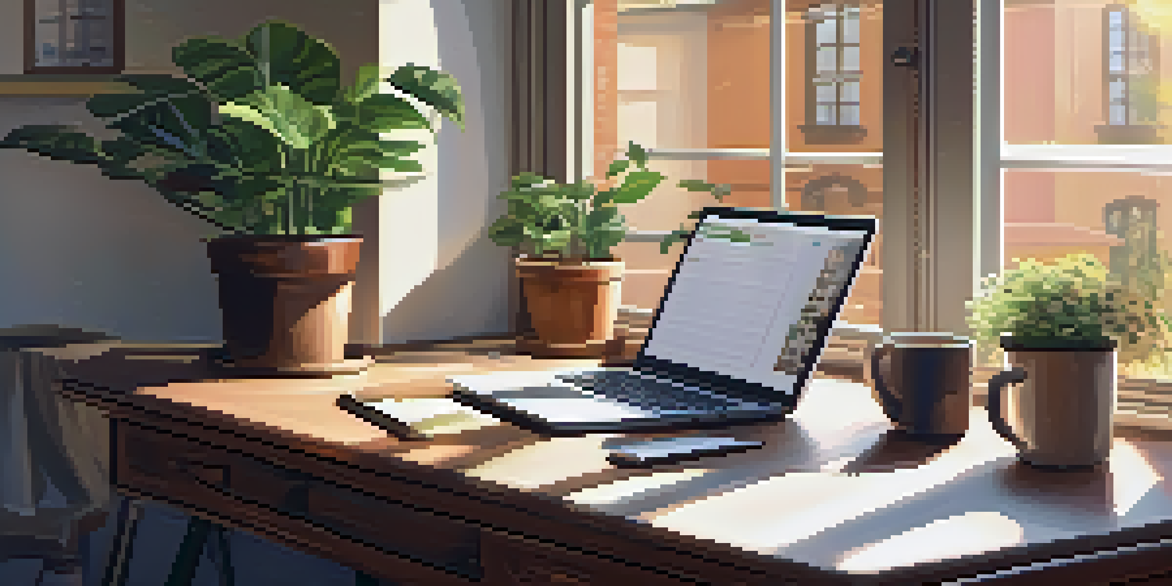 A peaceful workspace with a wooden desk, laptop, notepad, cup of coffee, and a small plant, illuminated by sunlight.