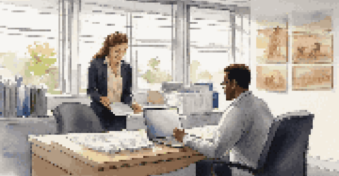 A mentor and mentee in an office, with the mentor explaining a project on a laptop while the mentee takes notes.