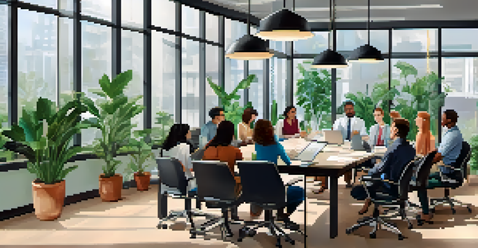 A diverse group of employees in a bright office discussing around a conference table, with charts on a screen behind them.