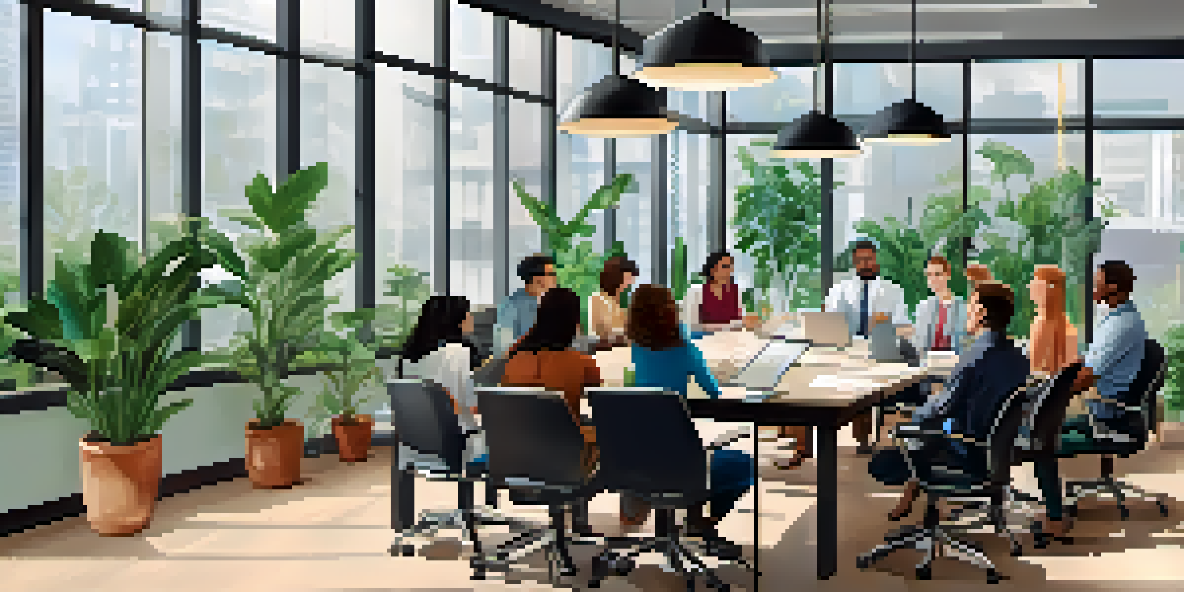 A diverse group of employees in a bright office discussing around a conference table, with charts on a screen behind them.