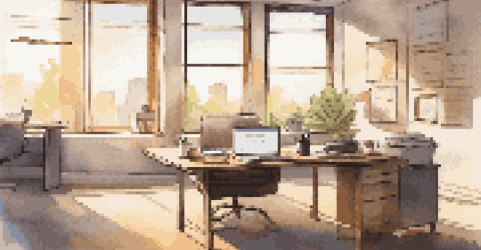 A modern office workspace with a laptop, notepad, and coffee cup, illuminated by natural light from a window.